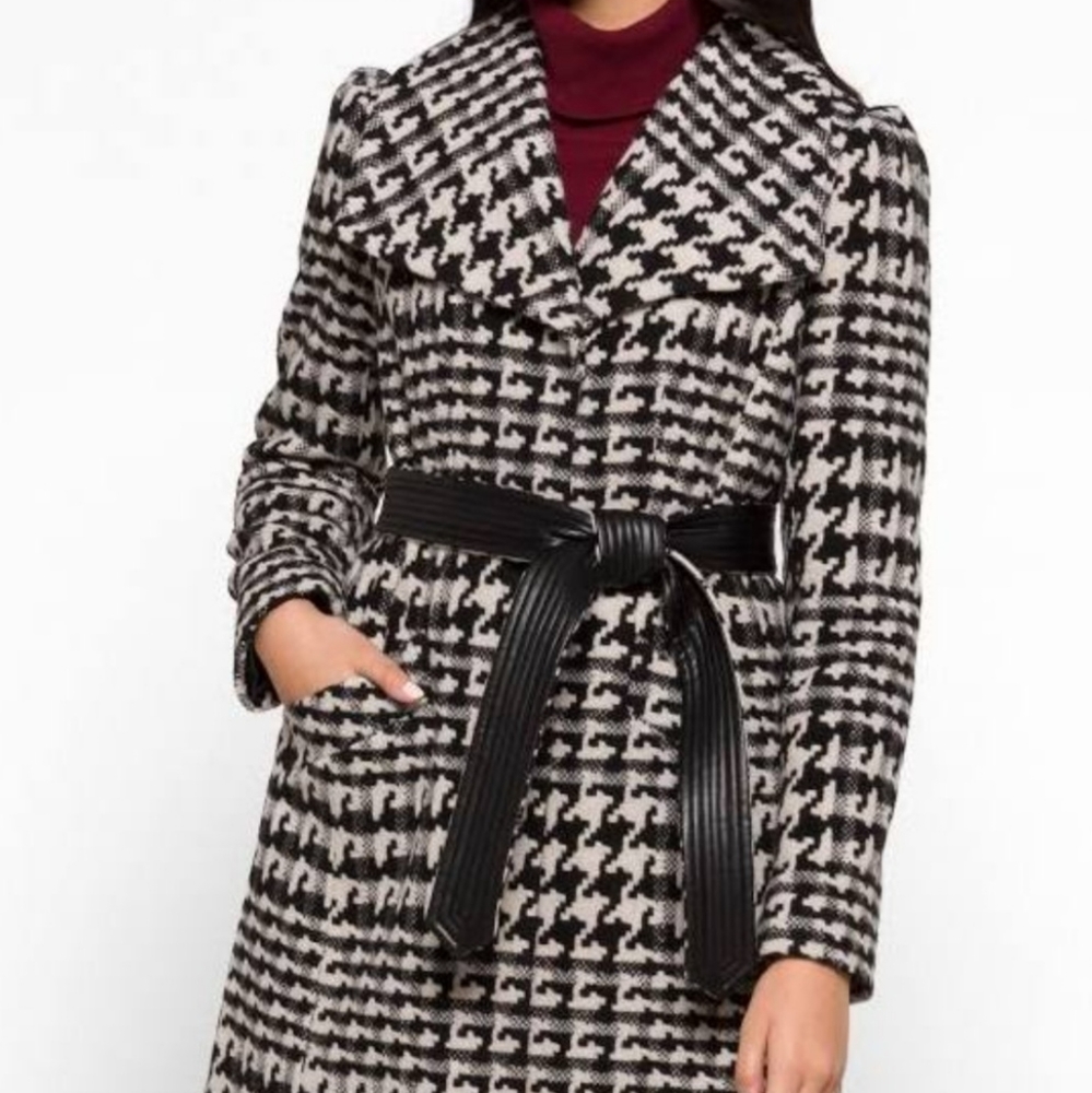 Karl Lagerfeld Houndstooth Puff Sleeve Lined Coat